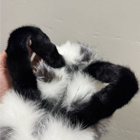 Black & White, Real Mink Fur with Fox Fur Trimming Top Handle & Multi Use Purse - Picture 15 of 16